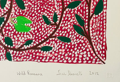Close-up of a screen print by Jill Daniels 'Wild Banana', artwork depicts leaves and branches on a red and white patterned background