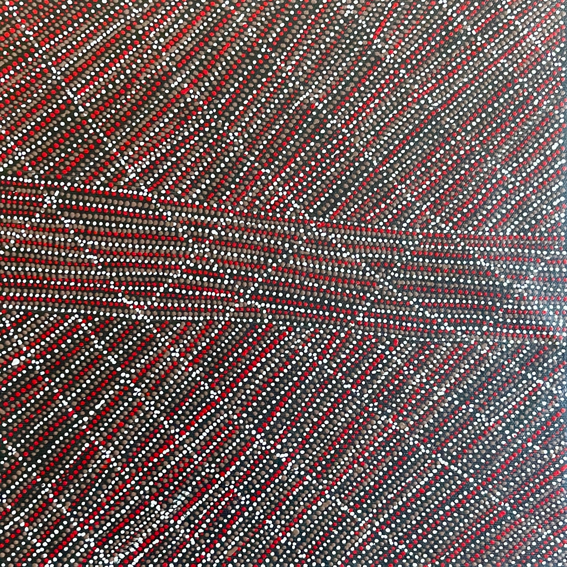 A 30x30cm painting by Lizzie Moss Pwerle with a geometric pattern featuring red, grey and white dots on a black background. 