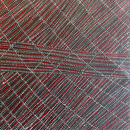 A 30x30cm painting by Lizzie Moss Pwerle with a geometric pattern featuring red, grey and white dots on a black background. 