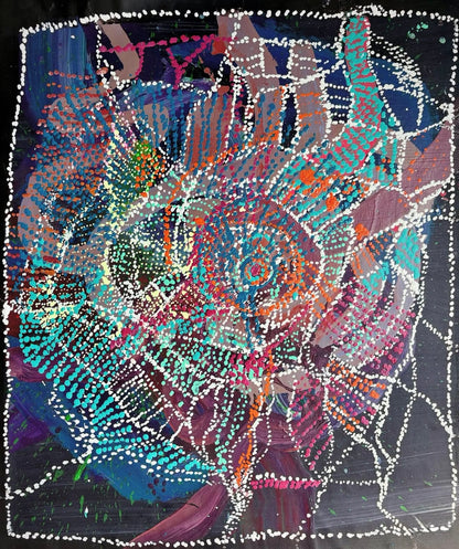 A colourful painting by Lisa Khan with a central spiral design on a dark background.