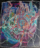 A colourful painting by Lisa Khan with a central spiral design on a dark background.