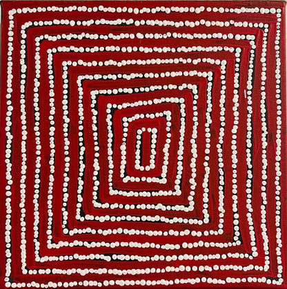 A 30x30cm painting by Thomas Tjapaltjarri showing concentric lines with white dots on a red and black background