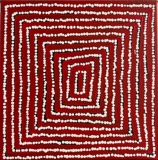 A 30x30cm painting by Thomas Tjapaltjarri showing concentric lines with white dots on a red and black background