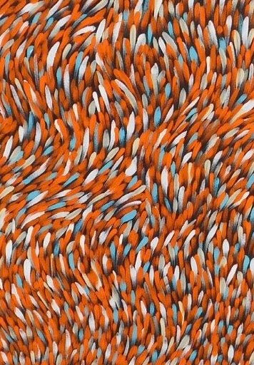 Close-up of a painting by Gloria Petyarre featuring a pattern of Bush Medicine Leaves in orange, light blue and white on a primed linen canvas.