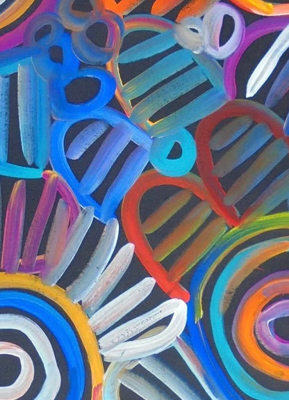 Close-up of a painting Louise Numina Napananka depicting multicoloured women's body design. 