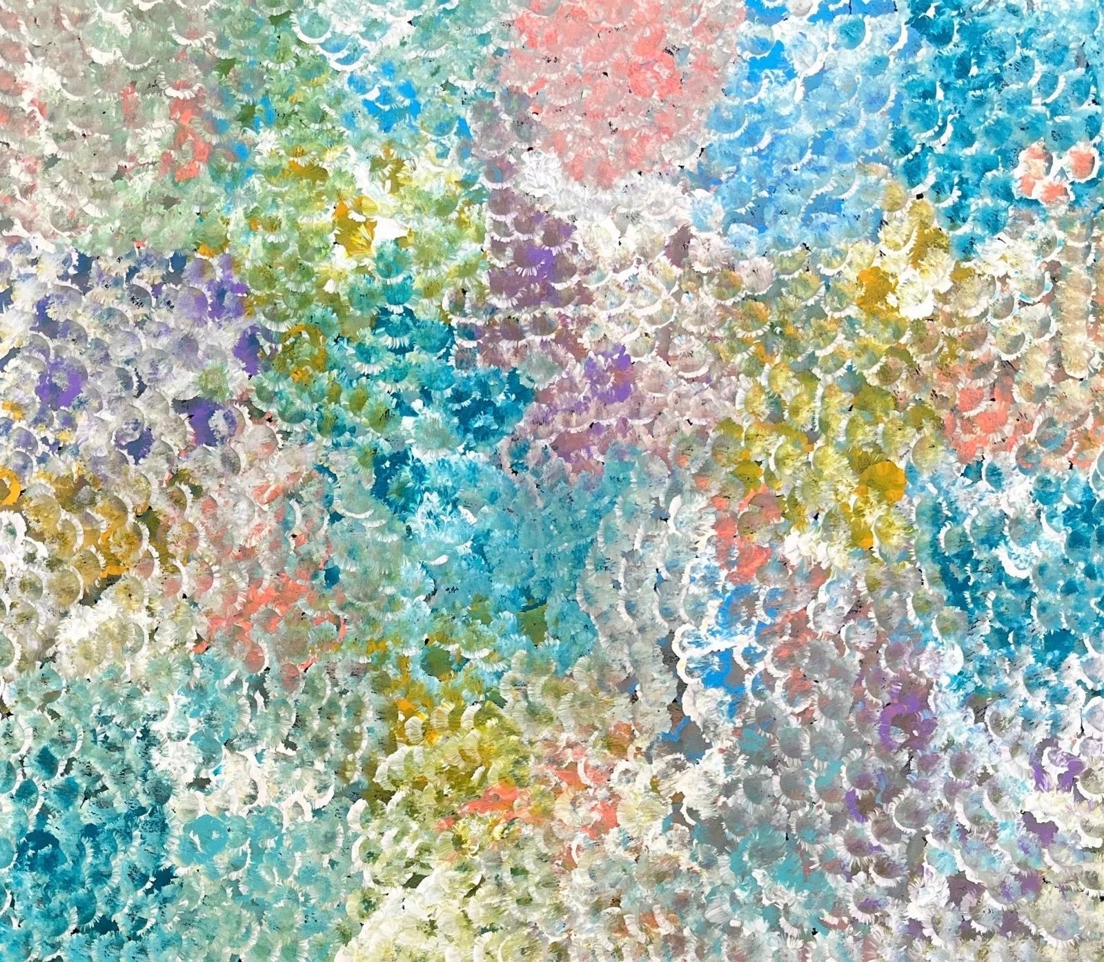 Belinda Golder Kngwarreye's 'Bush Plum Dreaming' artwork, showing a detailed pattern of dots in various colours.