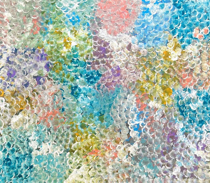 Belinda Golder Kngwarreye's 'Bush Plum Dreaming' artwork, showing a detailed pattern of dots in various colours.