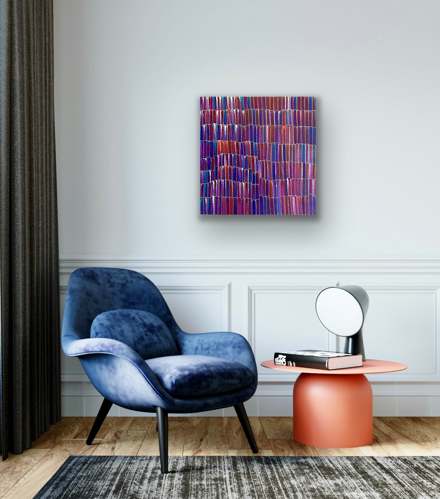 A painting by Jeannie Mills Pwerle, featuring a patterned representation of Anaty (bush yam).