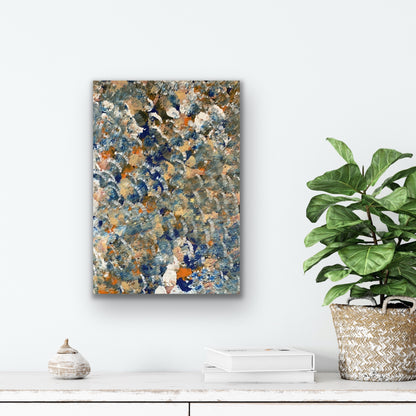 A painting by Belinda Golder Kngwarreye depicting bush plum dreaming hanging on a wall with a plant and decorative items below.