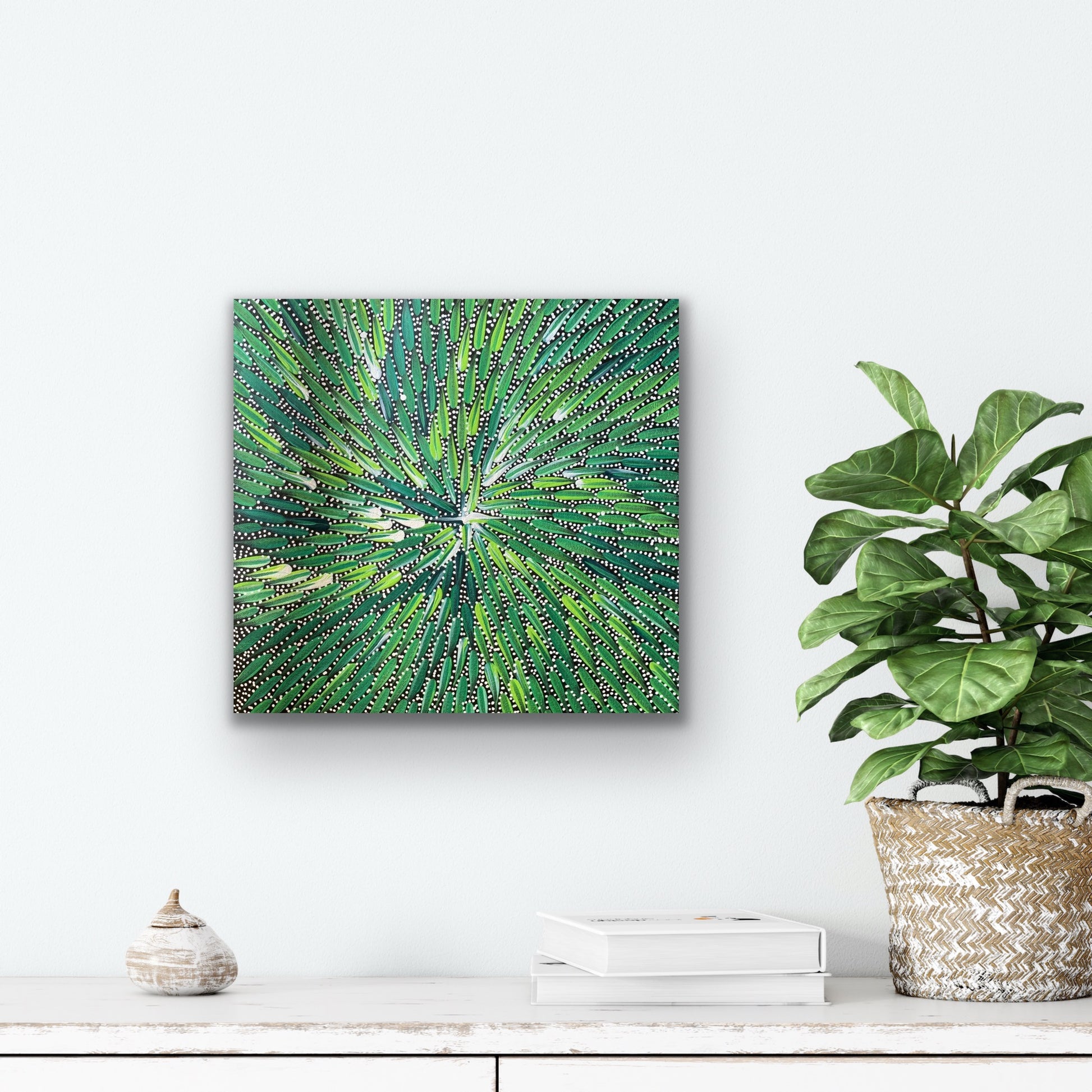 A 30x30cm painting by Bernadine Johnson Kemarre, representing traditional bush medicine plants on a white wall above a shelf with decor items.