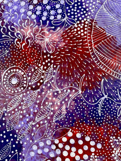 Close-up of a Bush Plum painting by Tanya Bird Mpetyane with dots and lines in white on a red, blue, and purple background.