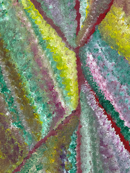 Close-up of a colourful painting by Mary Morton Kemarre with geometric patterns in green, purple, red and yellow.