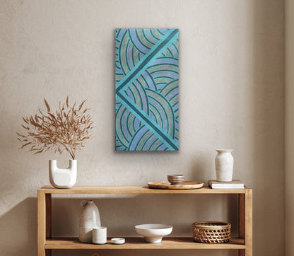 A painting by Ruby Djikarra Alderton hanging above a wooden shelf with various decorative items.