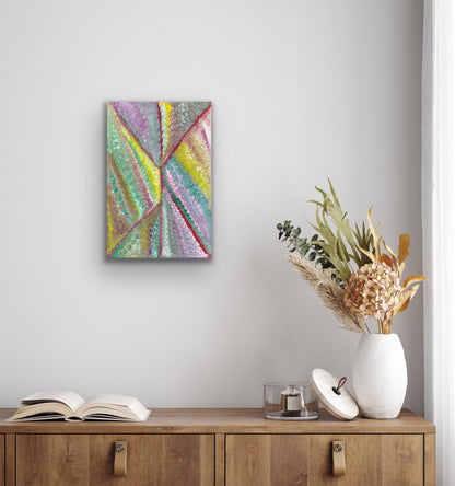 A colourful painting by Mary Morton Kemarre on a wall above a wooden cabinet with decorative items.