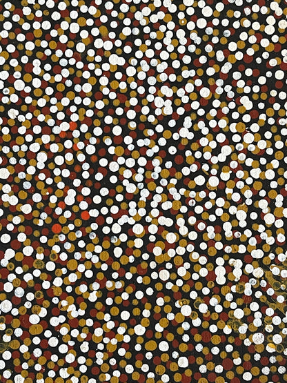 Close-up of a painting by Polly Ngale with small, round, multicolored dots representing the Bush Plum