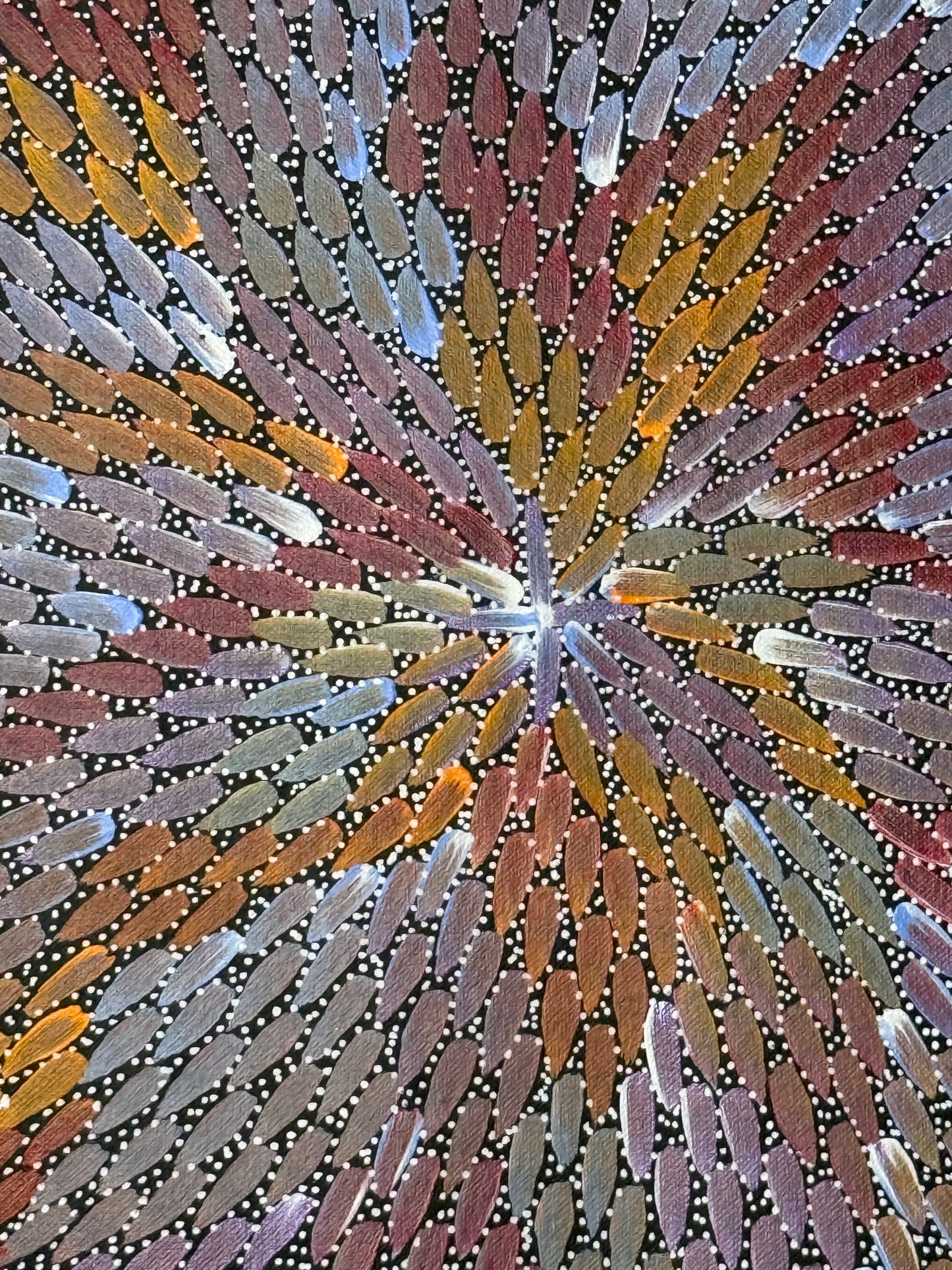 Close-up of a 30x30cm painting Bernadine Johnson Kemarre, representing traditional bush medicine plants.