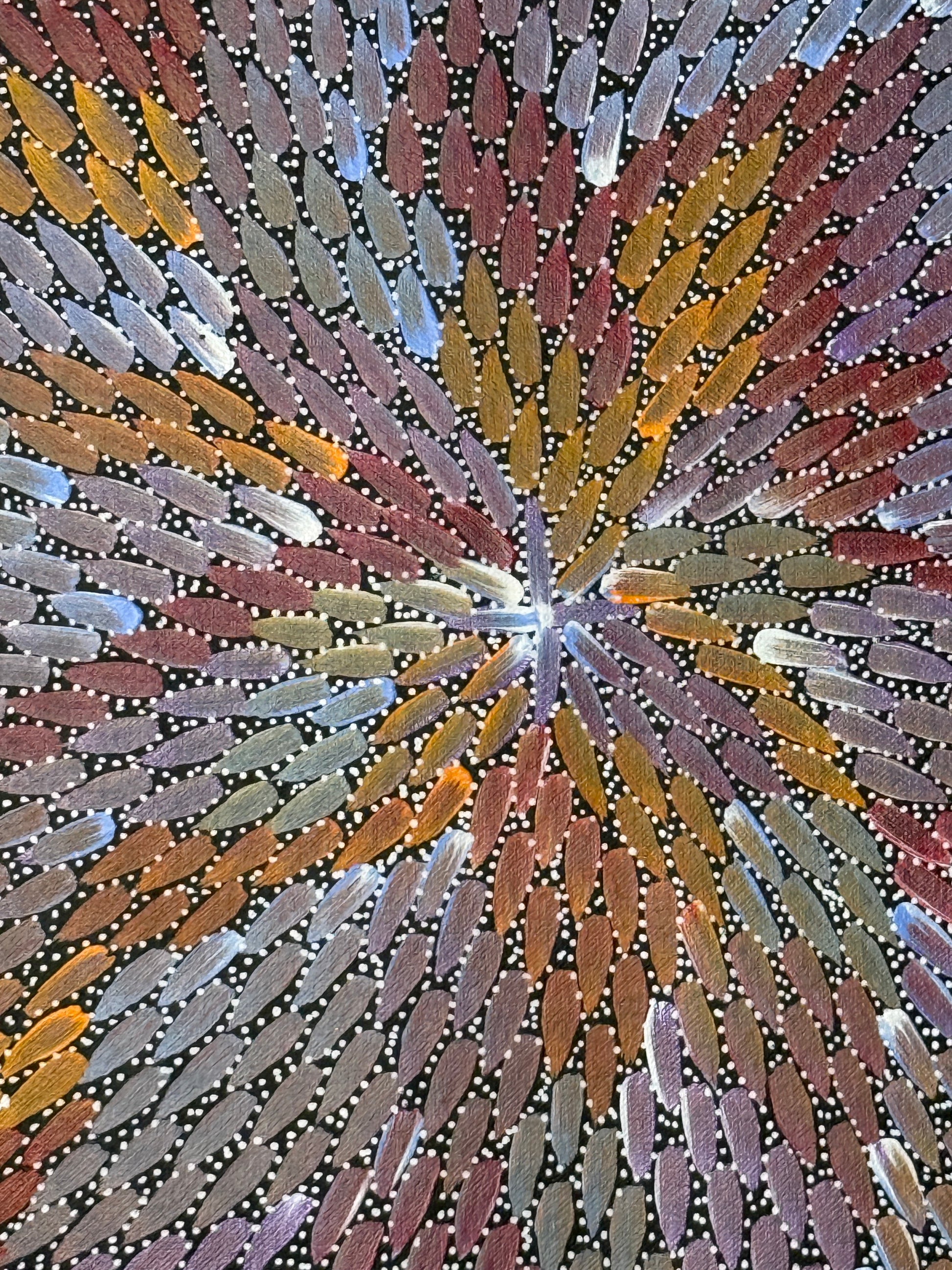 Close-up of a 30x30cm painting Bernadine Johnson Kemarre, representing traditional bush medicine plants.