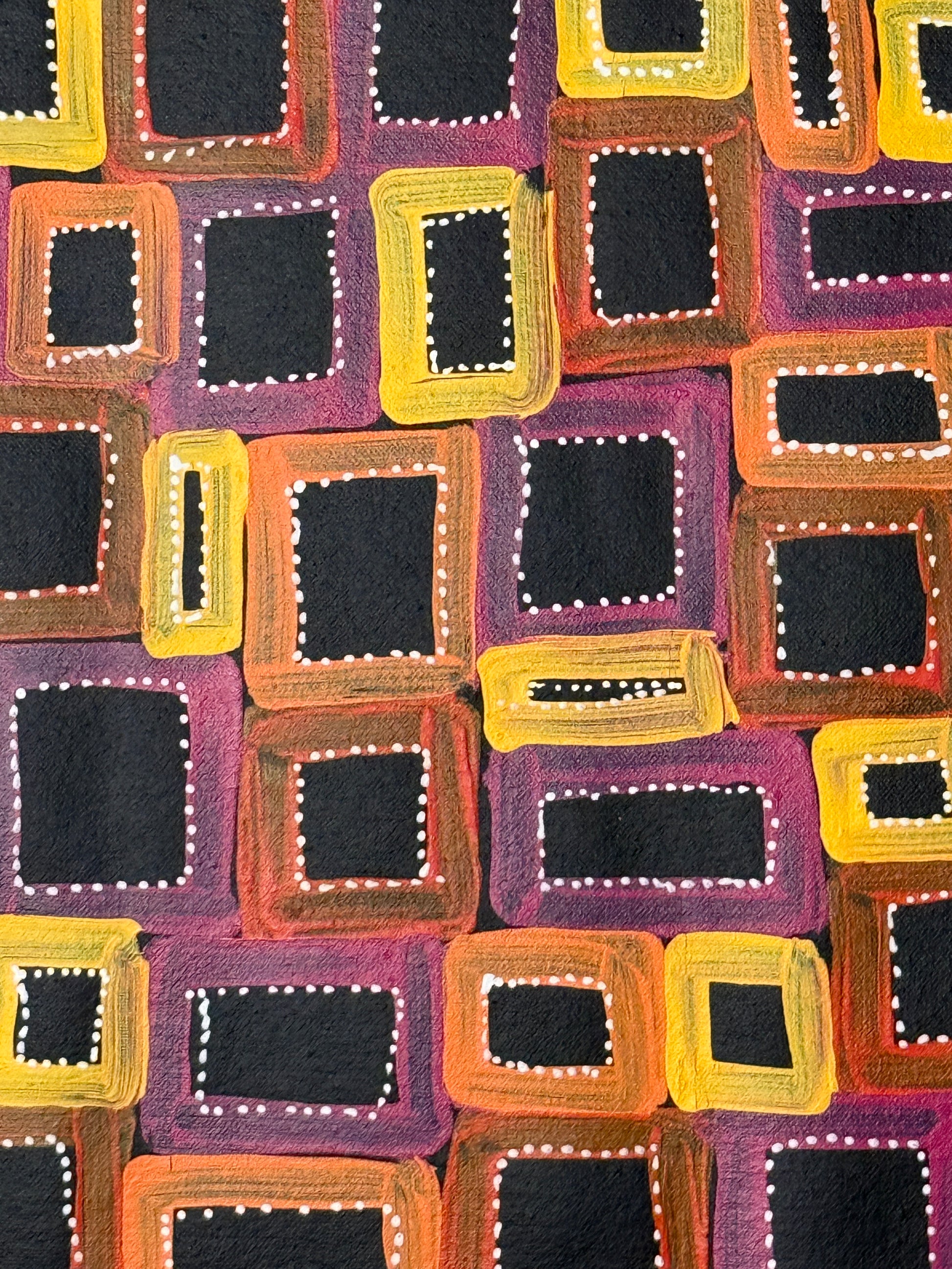 Close-up of a 42x36cm painting Abie Loy Kemarre, representing Awelye with colorful geometric shapes