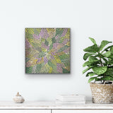 A 30x30cm painting by Bernadine Johnson Kemarre, representing traditional bush medicine plants on a white wall above a shelf with decor items.