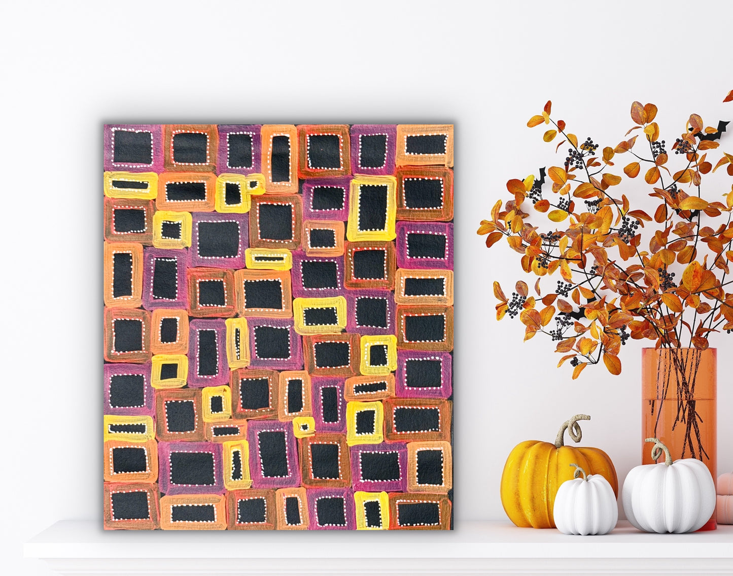 A colourful 42x36cm painting Abie Loy Kemarre with pumpkins and a vase on a white background
