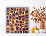 A colourful 42x36cm painting Abie Loy Kemarre with pumpkins and a vase on a white background