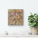 A 30x30cm painting by Bernadine Johnson Kemarre, representing traditional bush medicine plants on a white wall above a shelf with decor items.