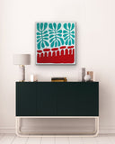Modern interior with a black cabinet, colorful painting by Aboriginal artist Mitjili Naparrula.