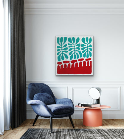 Modern interior with a blue armchair, orange side table, and painting by Aboriginal artist Mitjili Naparrula hanging on the wall.