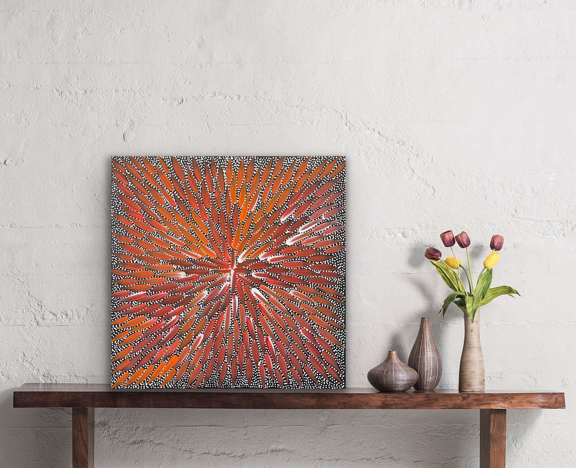 Bernadine Johnston Kemarre  'Bush Medicine Leaves' painting, 30x30cm lifestyle photo