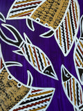 close-up of an artwork by Christine Burarrwanga depicting a stingray and fish with traditional rarrk patterns on a purple background.