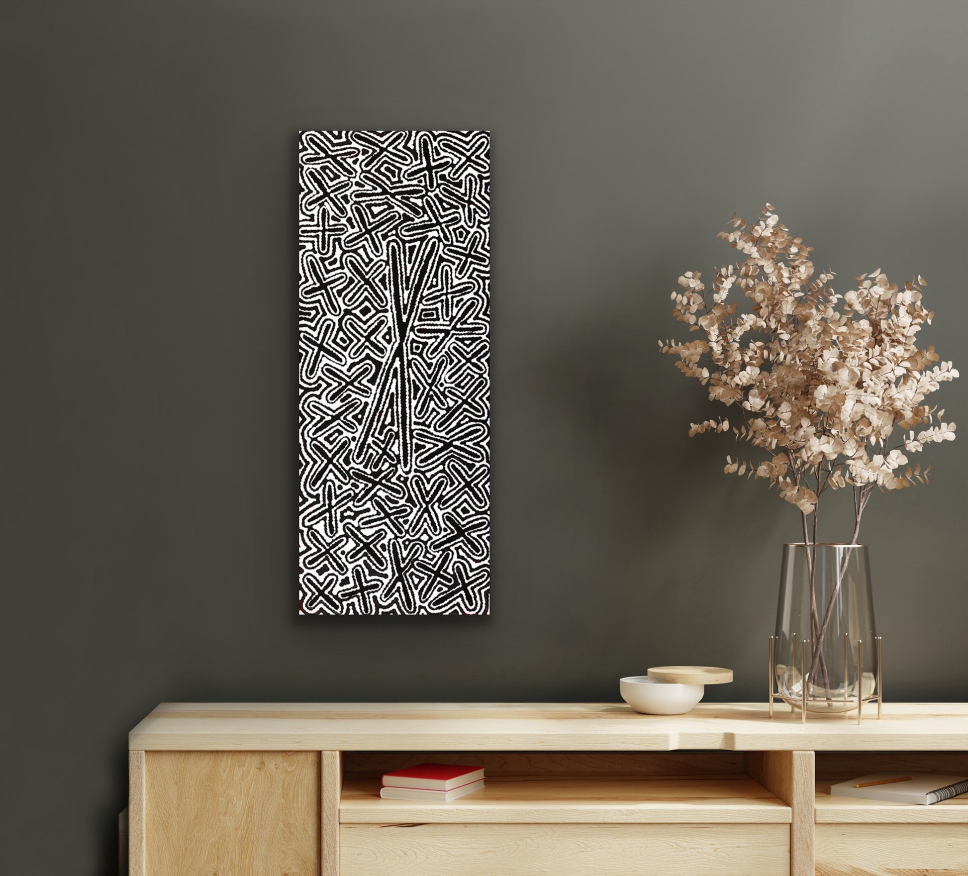 A painting by Kenneth Jungarrayi Martin representing the Budgerigar Dreaming 76x30cm
