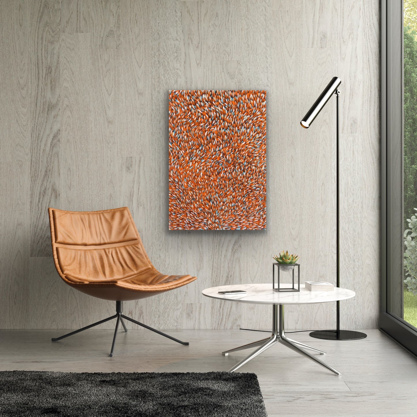 A painting by Gloria Petyarre featuring a pattern of Bush Medicine Leaves in orange, light blue and white on a primed linen canvas.