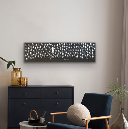 A painting by Naomi Kantjuriny, featuring a dark background with numerous white figures that represent good and bad spirits.