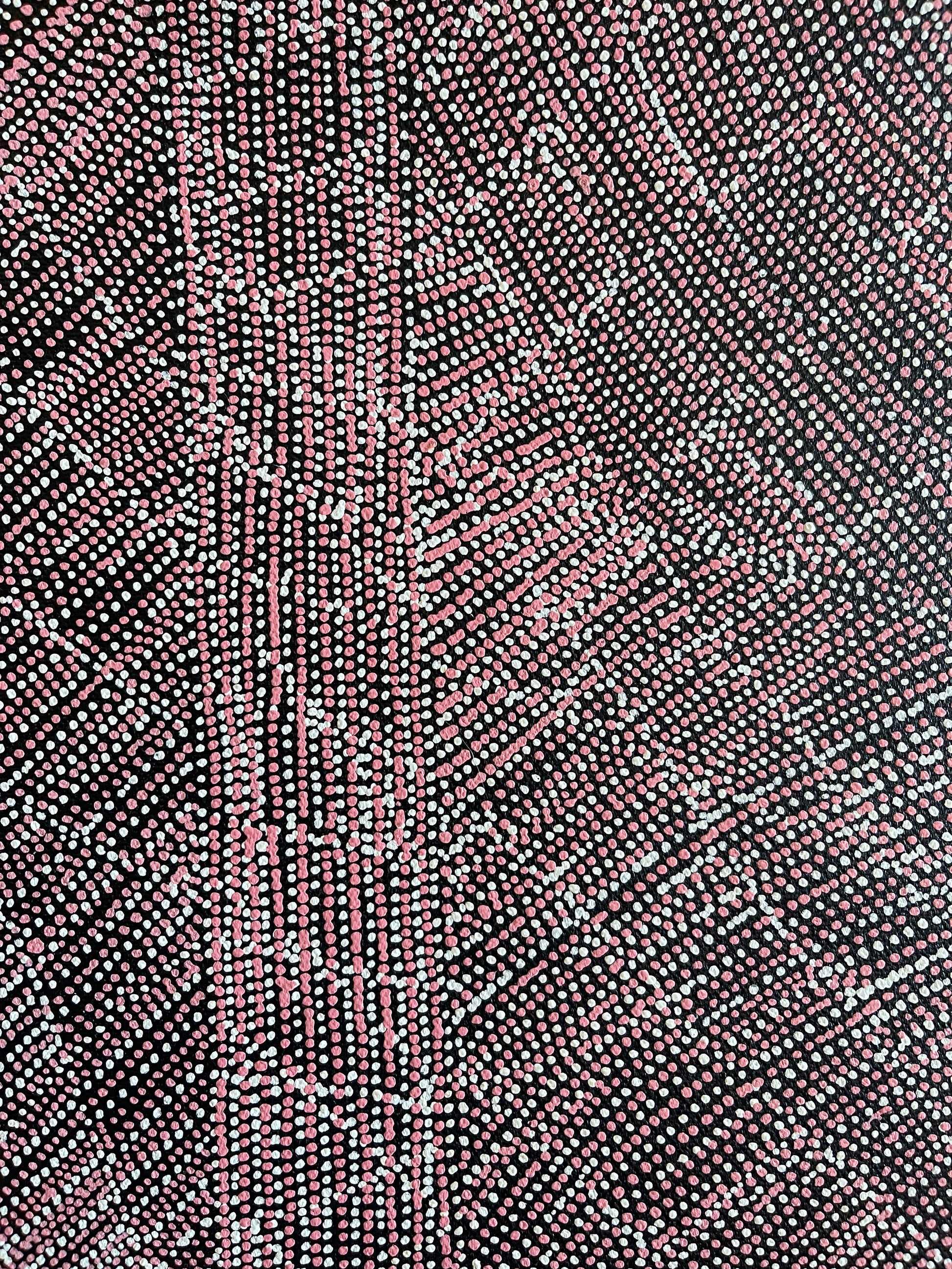 Close-up of a 30x30cm painting by Lizzie Moss Pwerle with a geometric pattern featuring pink and white dots on a black background. 