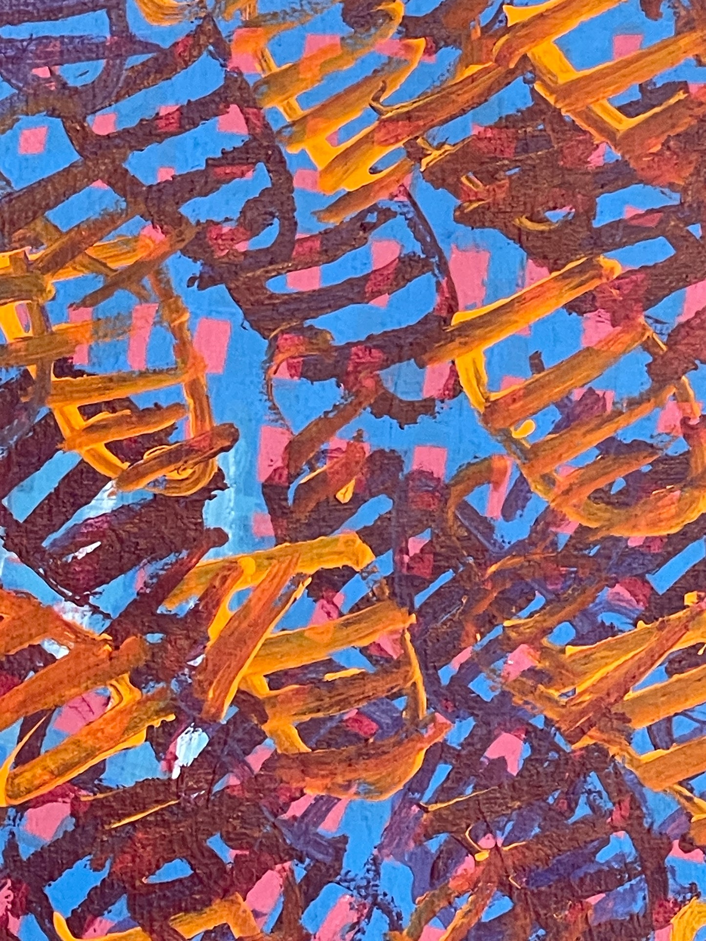 An extreme close-up of a 90x60cm painting by Emily Pwerle featuring abstract geometric patterns in orange and yellow on a blue background, executed in acrylic on linen.