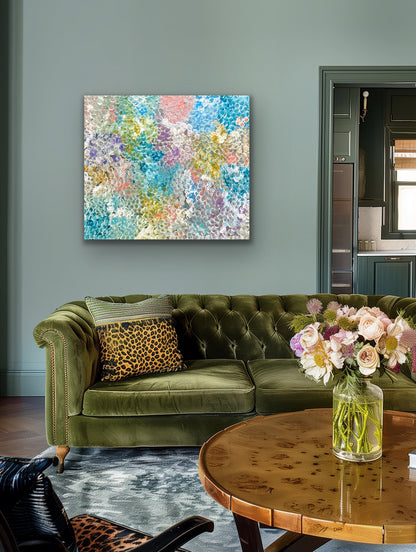 Belinda Golder Kngwarreye's 'Bush Plum Dreaming' painting hanging on the wall above a green sofa, wooden coffee table with a vase of peonies.