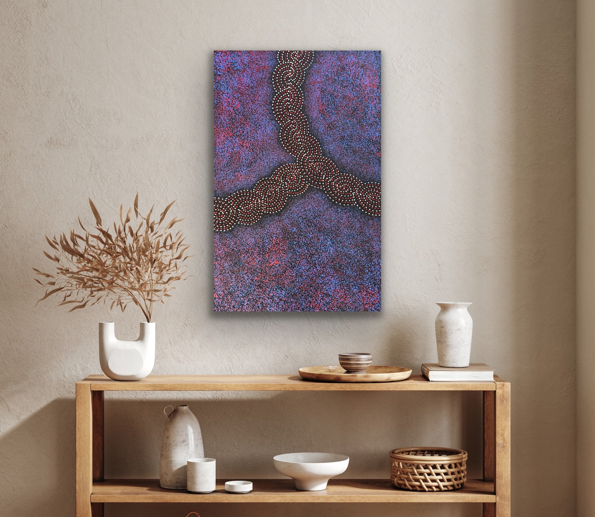 A painting by Gracie Morton Pwerle, that represents the Bush Plum Dreaming.