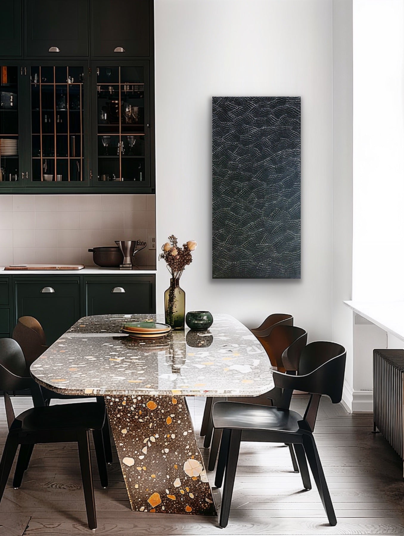 A painting by Lily Kelly Napangardi, featuring intricate white dots on a black canvas, representing the desert sandhills or tali.