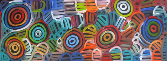 A painting Louise Numina Napananka depicting multicoloured women's body design. 