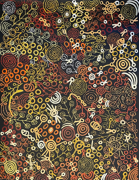 A canvas painting by Meredith Curley featuring swirling patterns and a depiction of women collecting bush foods, with a predominantly black, orange, and yellow colour palette.