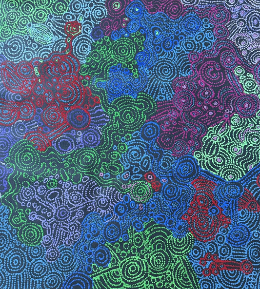 A colourful painting by Meredith Curley, featuring swirling patterns and vibrant colours.