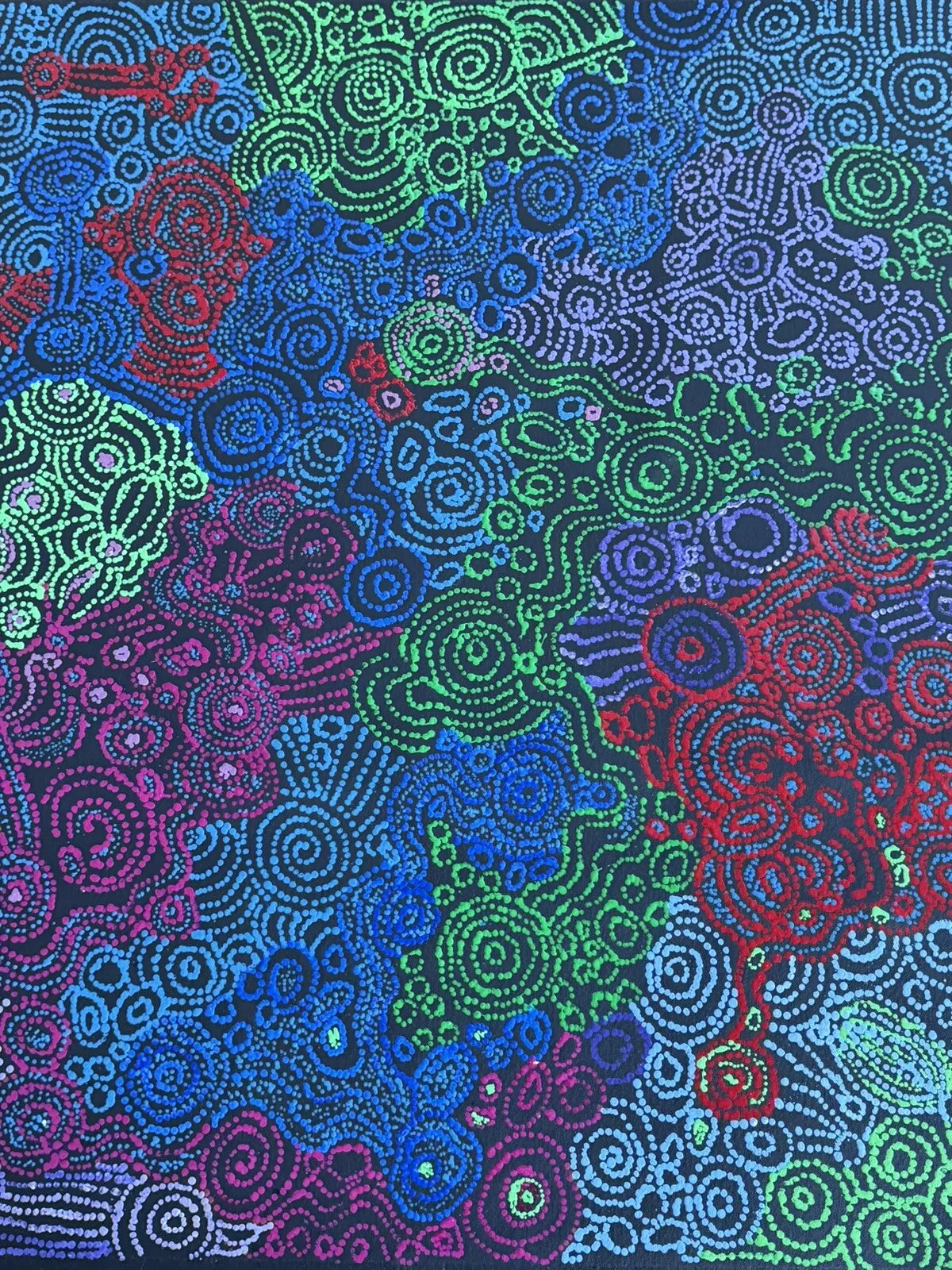Close-up of a painting by Meredith Curley, featuring intricate dots in blues, greens, purple, pink and red on a primed black canvas.