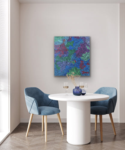 A painting by Meredith Curley, featuring intricate dots in blues, greens, purple, pink and red on a primed black canvas.