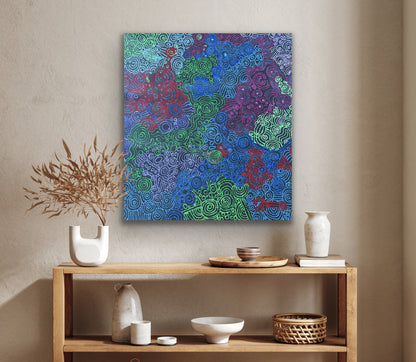 A painting by Meredith Curley, featuring intricate dots in blues, greens, purple, pink and red on a primed black canvas.