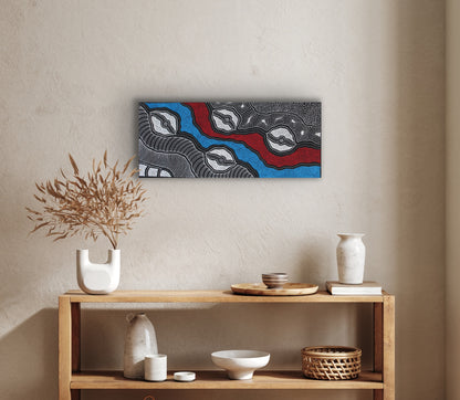 A painting by Delvine Pitjara, featuring intricate white dots and fine linework on a canvas with red and blue elements, representing aspects of Australian Aboriginal art.