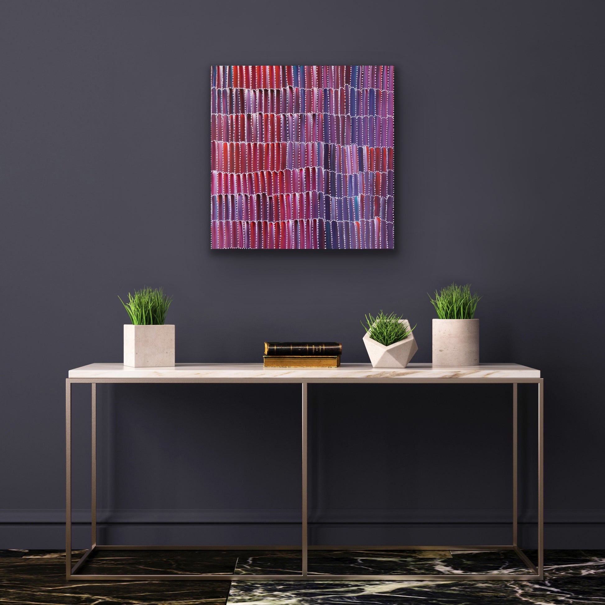 A painting by Jeannie Mills Pwerle, featuring a patterned representation of Anaty (bush yam).