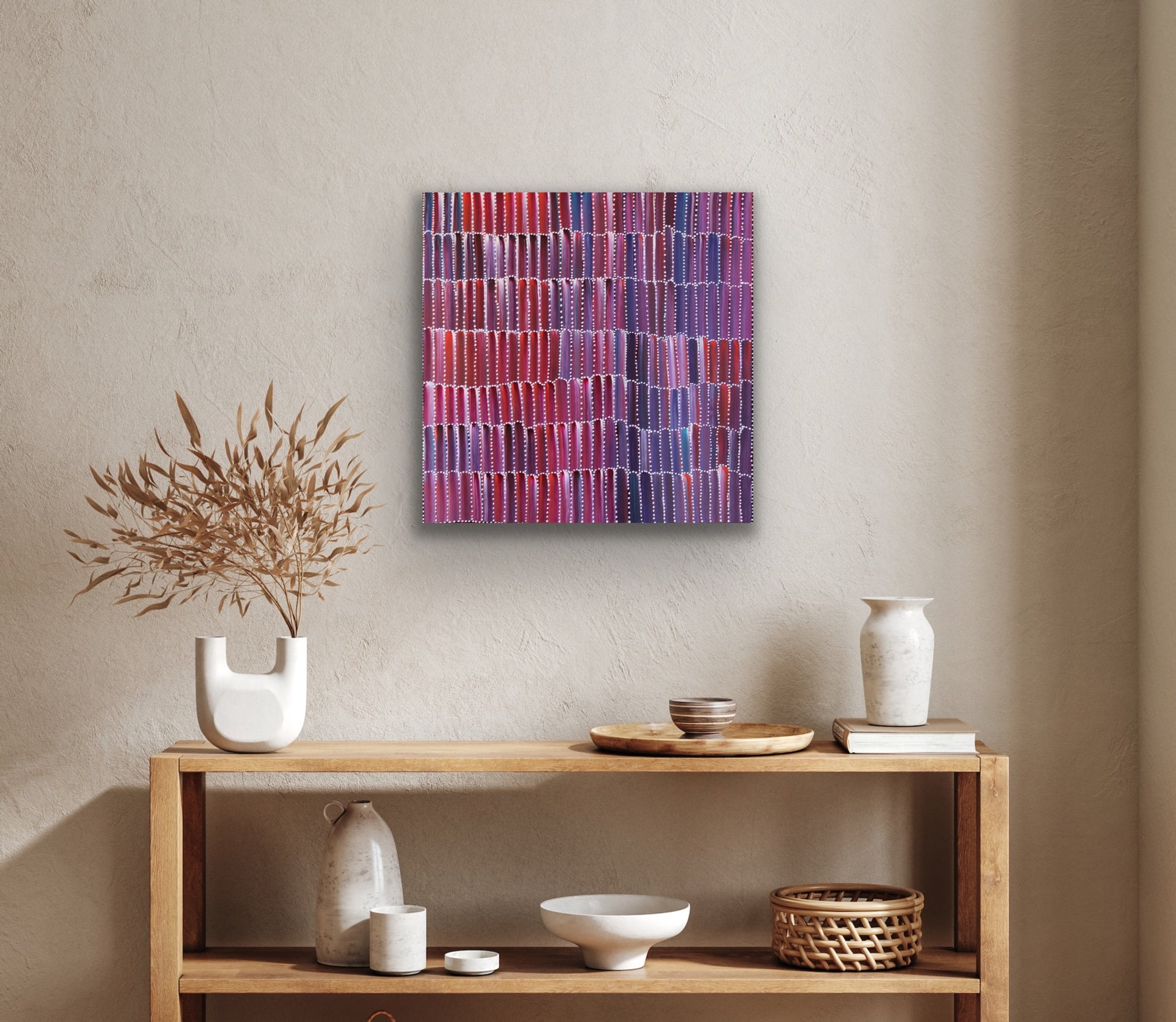 A painting by Jeannie Mills Pwerle, featuring a patterned representation of Anaty (bush yam).
