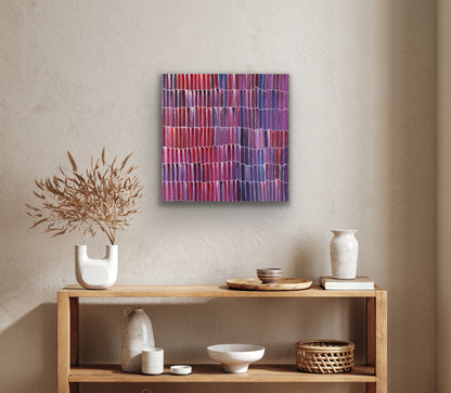 A painting by Jeannie Mills Pwerle, featuring a patterned representation of Anaty (bush yam).