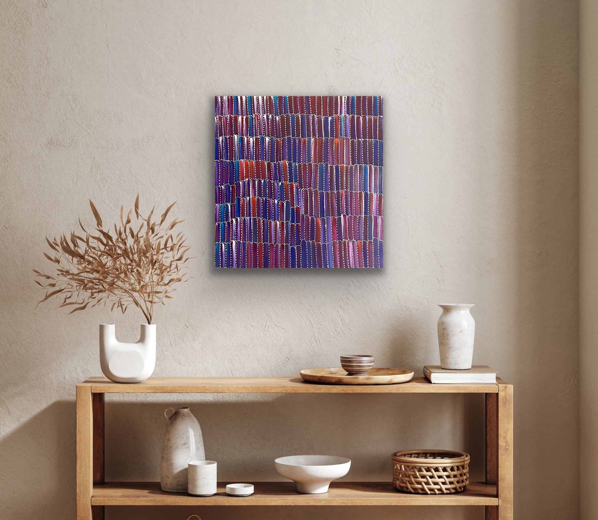 A painting by Jeannie Mills Pwerle, featuring a patterned representation of Anaty (bush yam).
