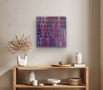 A painting by Jeannie Mills Pwerle, featuring a patterned representation of Anaty (bush yam).